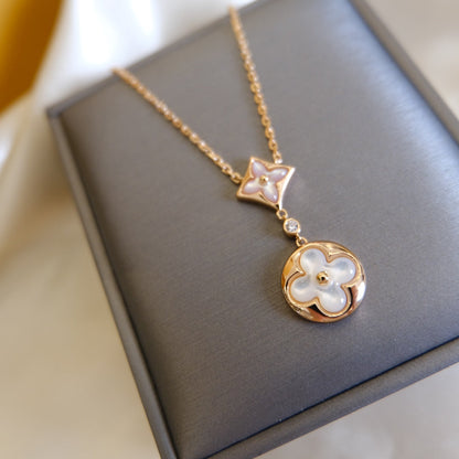 [Clover Jewelery]STAR AND SUN WHITE MOP 2 MOTIF PINK GOLD NECKLACE
