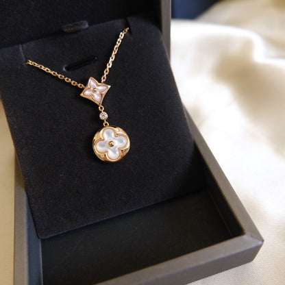 [Clover Jewelery]STAR AND SUN WHITE MOP 2 MOTIF PINK GOLD NECKLACE
