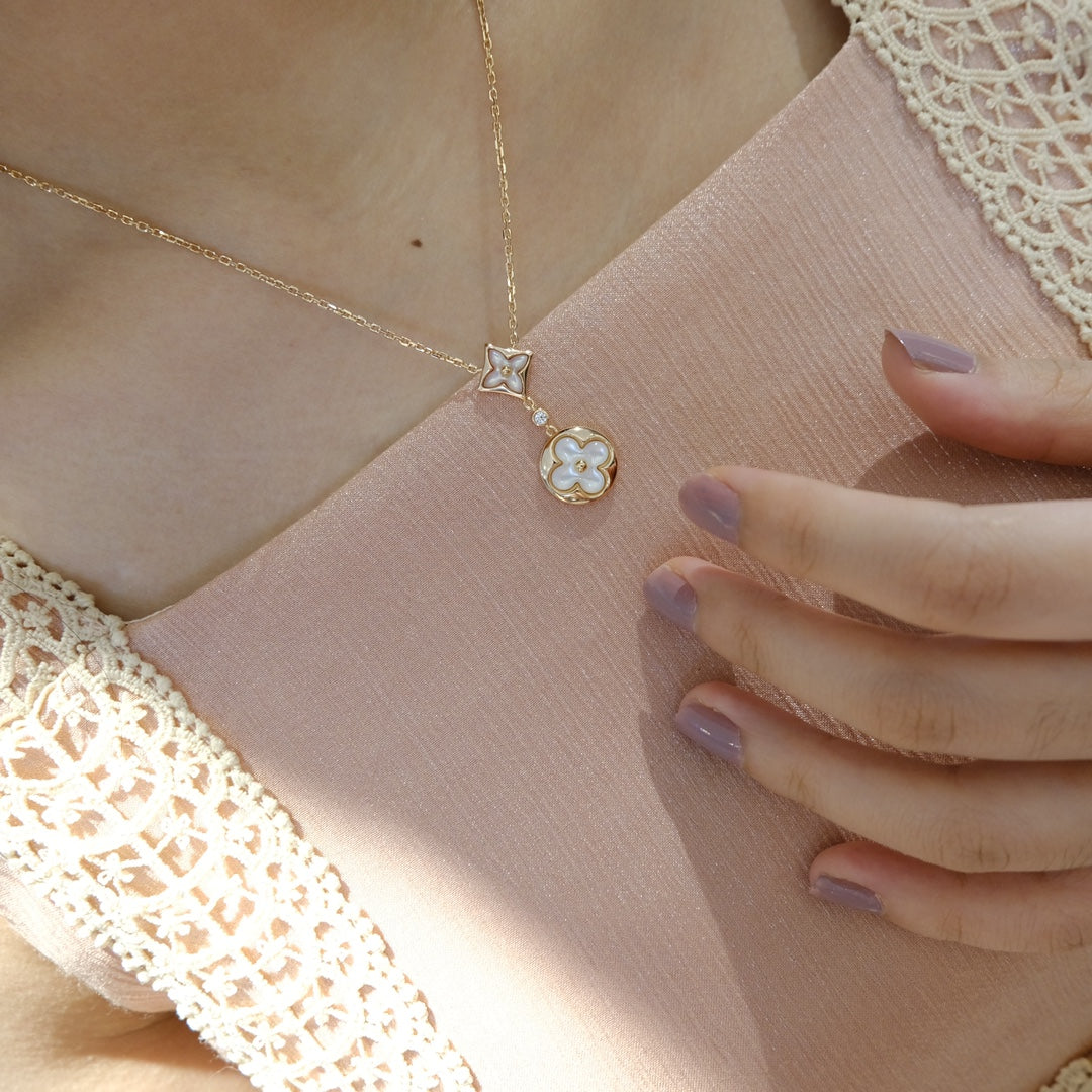 [Clover Jewelery]STAR AND SUN WHITE MOP 2 MOTIF PINK GOLD NECKLACE