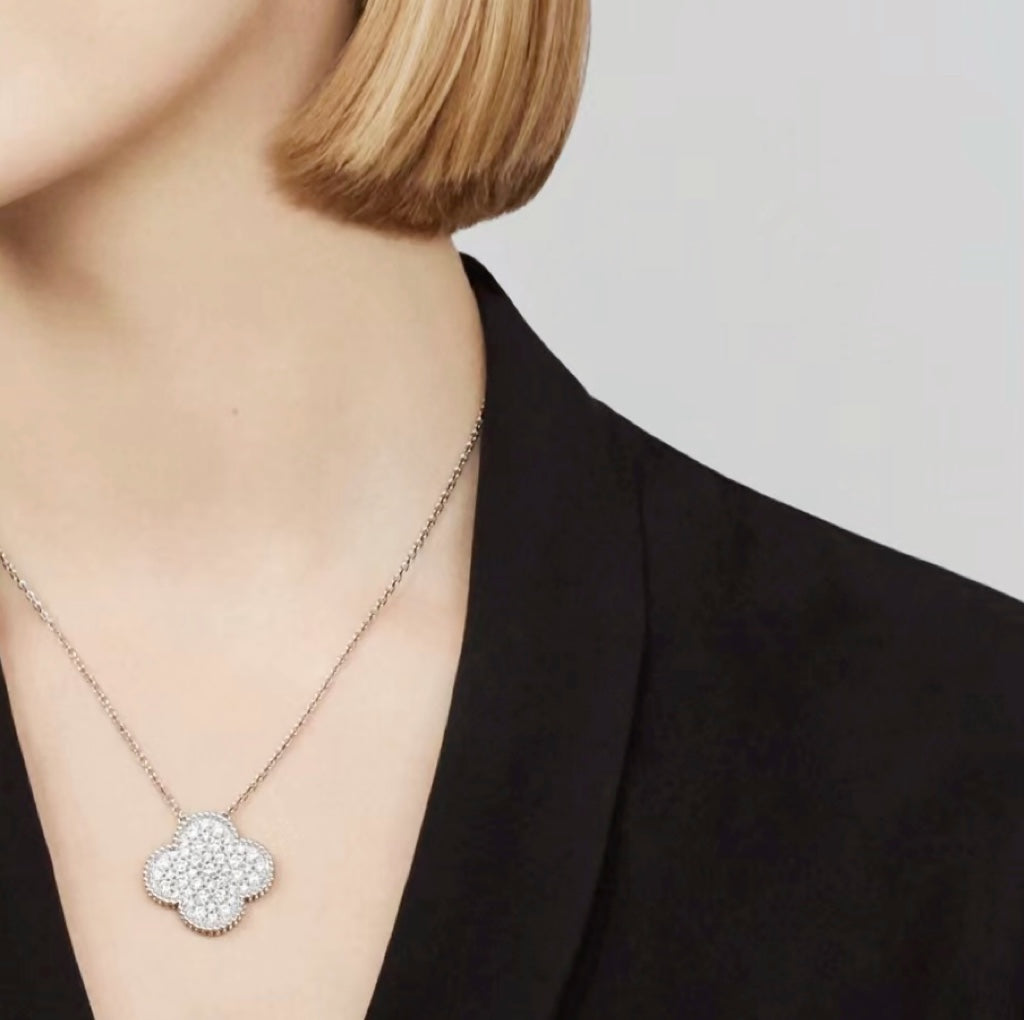 [Clover Jewelry]KLEE 25MM GROSSER ANHÄNGER DIAMANT-PAVIERT SILBERHALSKETTE