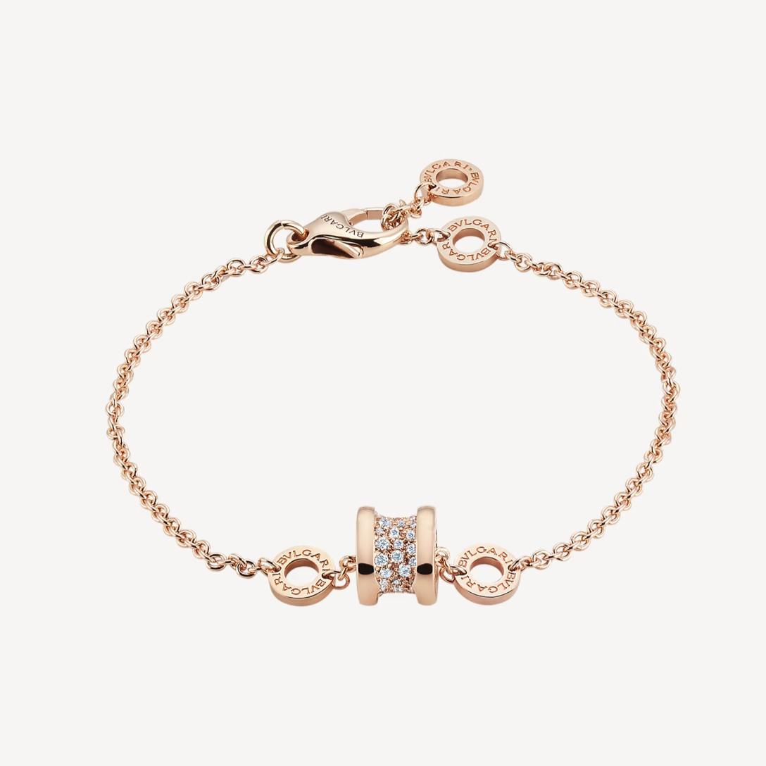 [Clover Jewelry]ZERO 1 SOFT PINK GOLD WITH PAVED DIAMONDS ON THE SPIRAL BRACELET