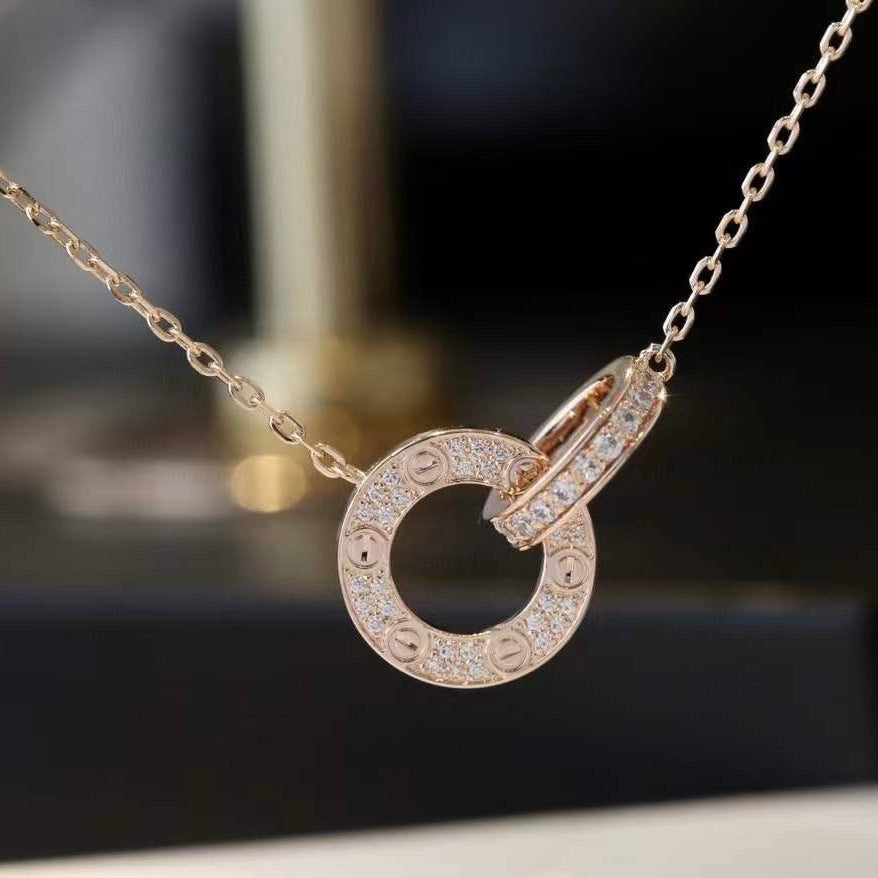 [Clover Jewelery]LOVE 7.6MM NECKLACE ROSE GOLD AND SILVER  FULL DIAMOND
