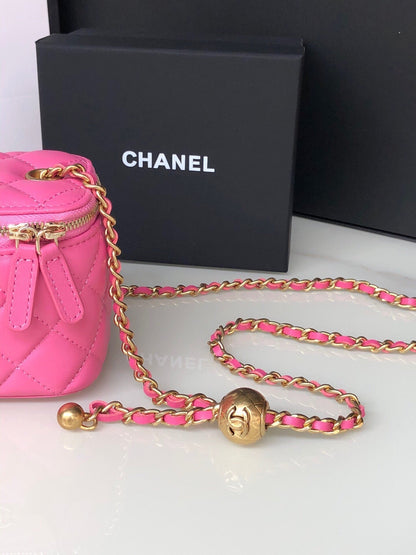CC MINI 11 VANITY CHAIN IN BRIGHT PINK CALFSKIN GOLD HARDWARE