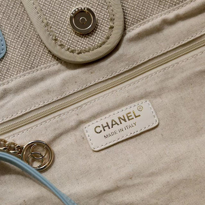 CC DEAUVILLE LARGE 39 TOTE BAG IN BEIGE CANVAS WITH LIGHT BLUE CHAIN
