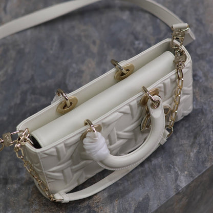 LADY D-JOY BAG 26 IN WHITE GRAPHIC CANNAGE CALFSKIN PALE GOLD-FINISH METAL CHARMS