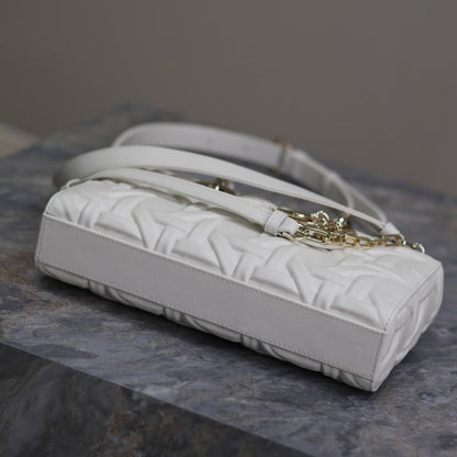 LADY D-JOY BAG 26 IN WHITE GRAPHIC CANNAGE CALFSKIN PALE GOLD-FINISH METAL CHARMS