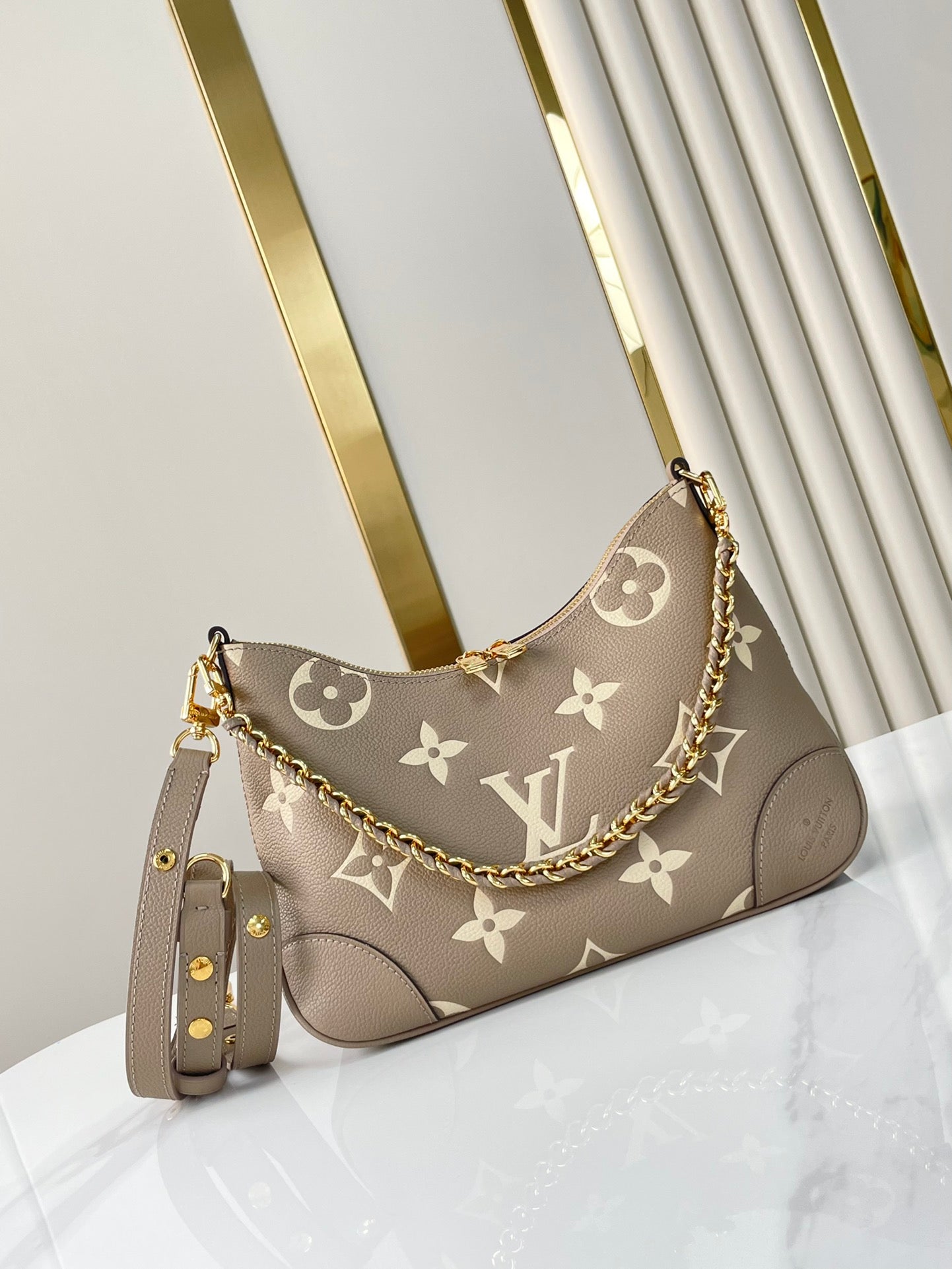 BOULOGNE 29 IN DOVE GRAY AND CREAM MONOGRAM EMPREINTE LEATHER GOLD HARDWARE