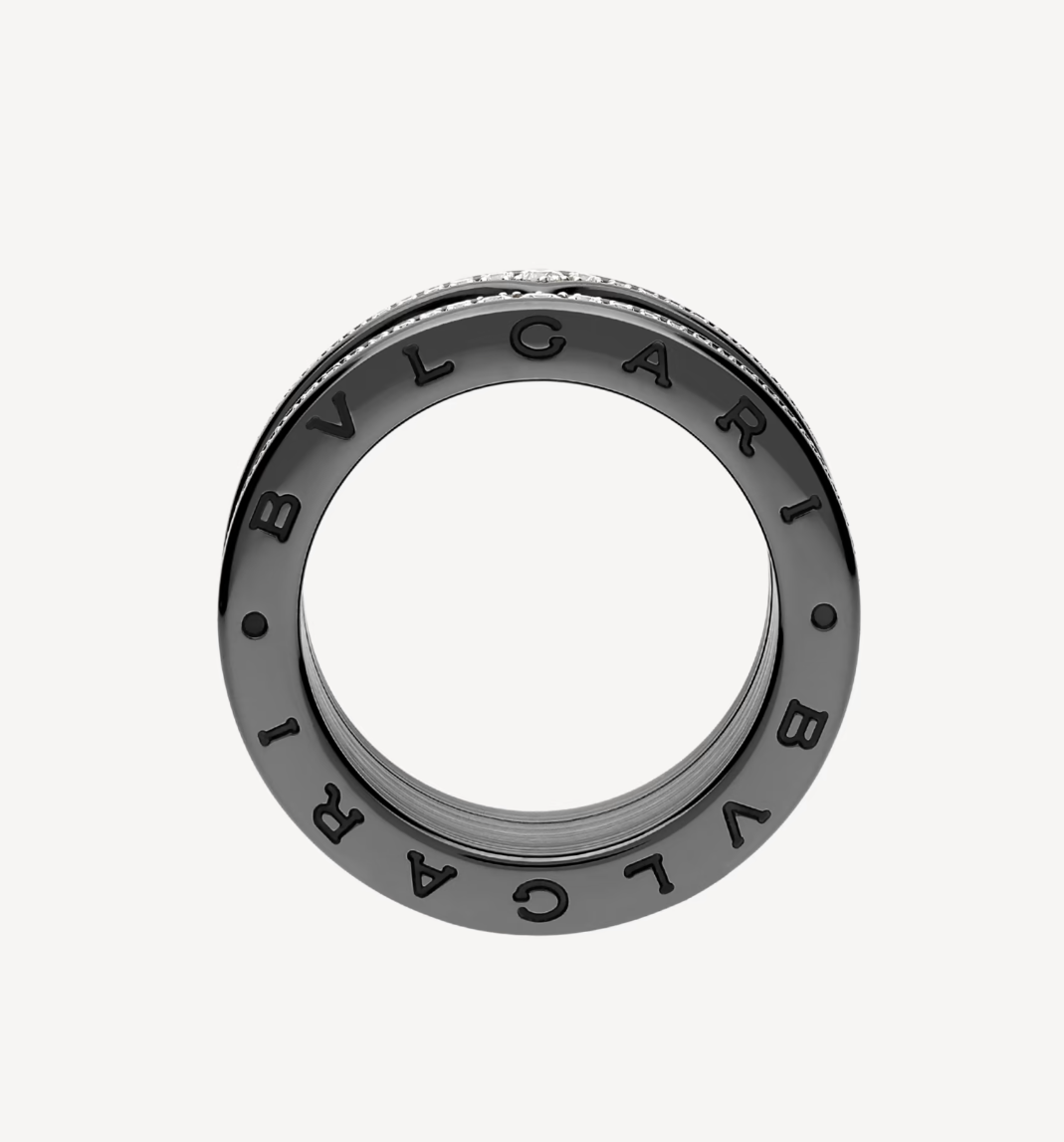 [Clover Jewelery]ZERO 1 ROCK VIERBAND-RING AUS SCHWARZER KERAMIK MIT SPIRALE UND DIAMANTEN