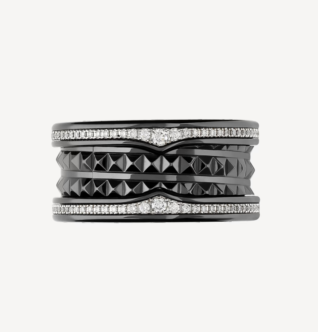 [Clover Jewelery]ZERO 1 ROCK VIERBAND-RING AUS SCHWARZER KERAMIK MIT SPIRALE UND DIAMANTEN