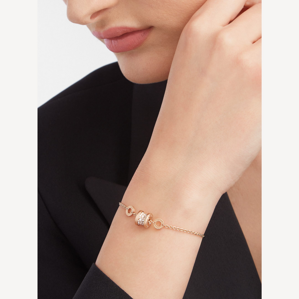 [Clover Jewelry]ZERO 1 SOFT PINK GOLD WITH PAVED DIAMONDS ON THE SPIRAL BRACELET