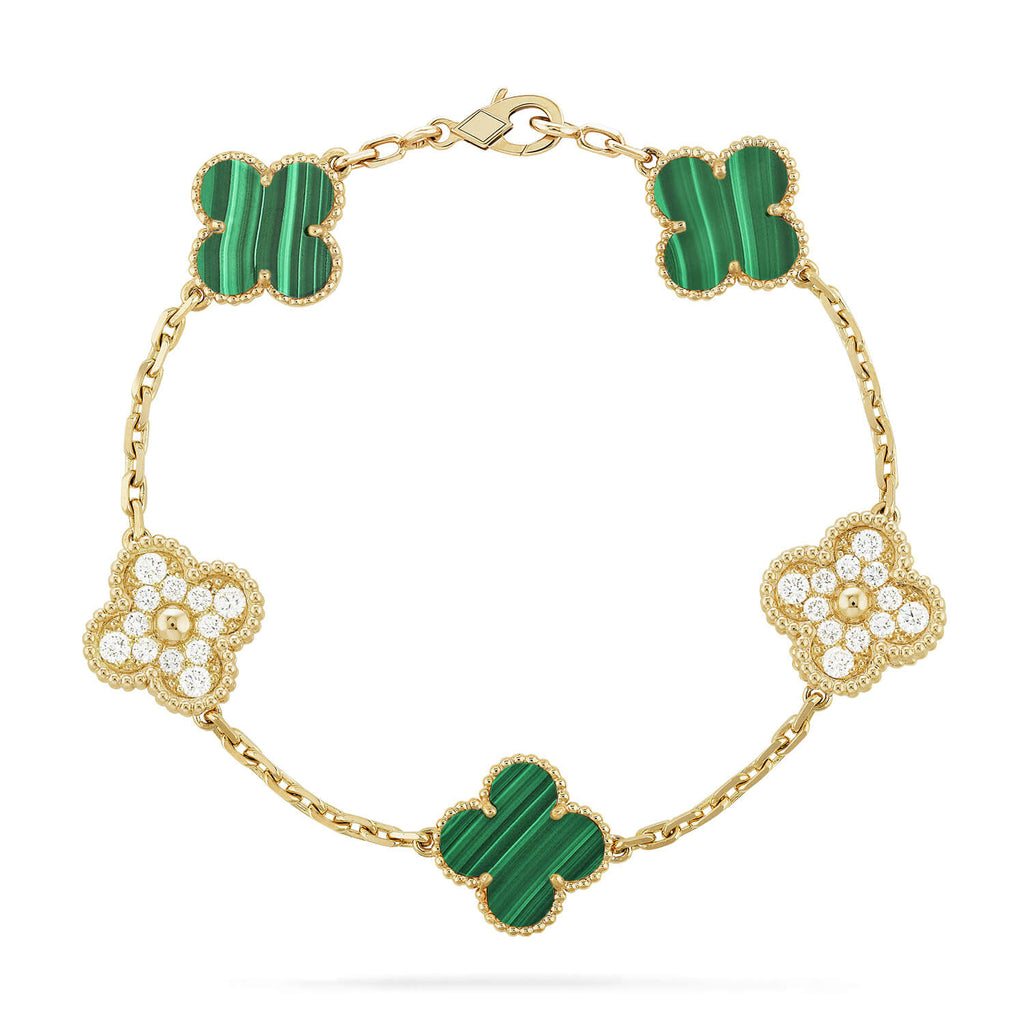 [Clover Jewelry]クローバー 5モチーフ マラカイト ダイヤモンド ブレスレット