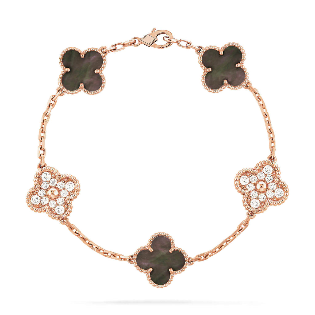 [Clover Jewelry]CLOVER 5 MOTIFS DARK MOP AND DIAMONDS PINK GOLD BRACELET