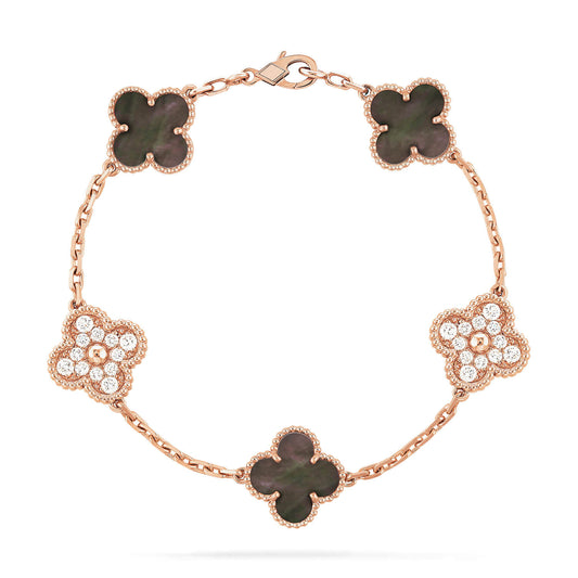 [Clover Jewelry]CLOVER 5 MOTIFS DARK MOP UND DIAMANTEN ROSA GOLD ARMBAND 