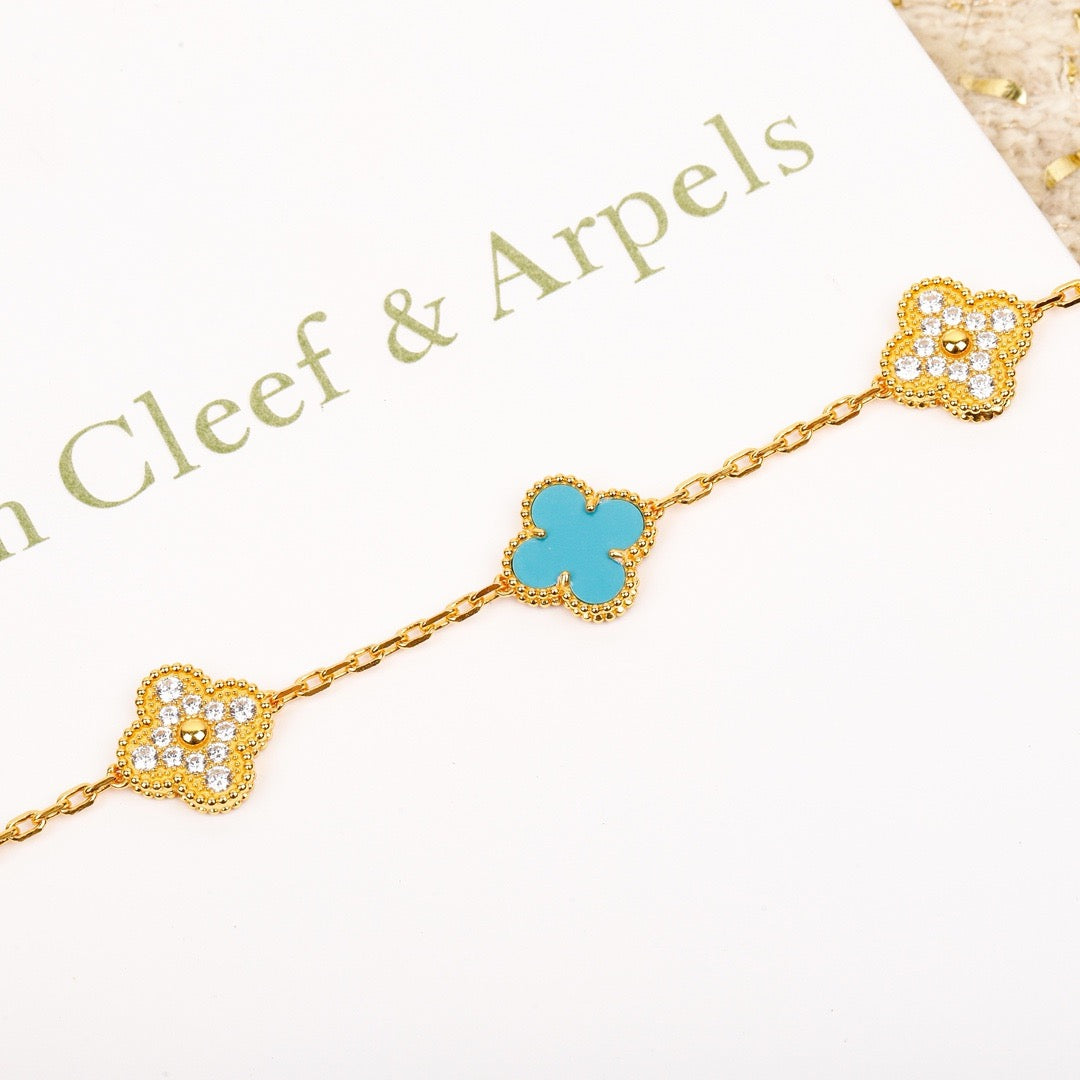 [Clover Jewelry]CLOVER 5 MOTIF TURQUOISE DIAMOND GOLD BRACELET