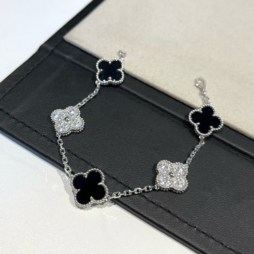 [Clover Jewelery]CLOVER 5 MOTIF ONYXS DIAMOND BRACELET SILVER