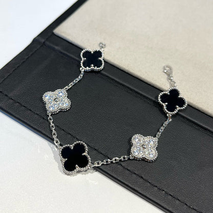 [Clover Jewelery]CLOVER 5 MOTIF ONYXS DIAMOND BRACELET SILVER