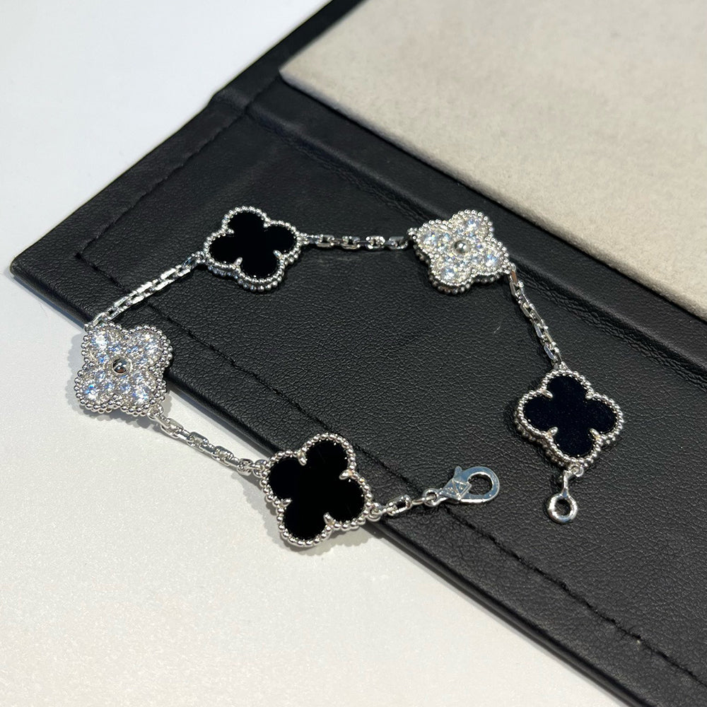 [Clover Jewelery]CLOVER 5 MOTIF ONYXS DIAMOND BRACELET SILVER