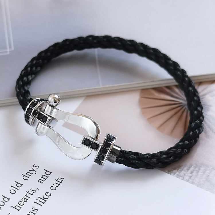 [Clover Jewelery]FORCE GROSSES HUFEISEN-ARMBAND MIT SCHWARZEN DIAMANTEN, SILBER