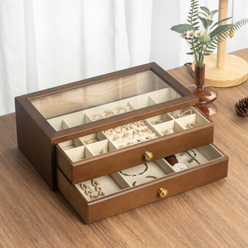 HOCHWERTIGE SCHMUCKAUFBEWAHRUNGSBOX AUS MASSIVHOLZ MIT TRANSPARENTEM GLASDECKEL