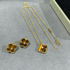 [Clover Jewelry]クローバー 15MM ダイヤモンドとイエロータイガーアイアゲートのネックレス