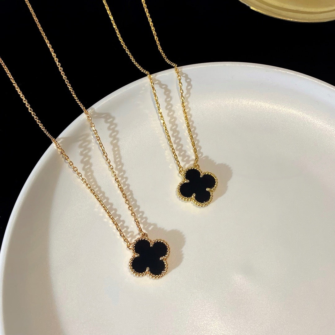 [Kleeblatt Schmuck]KLEE 15MM SCHWARZER ONYX EINE BLUME HALSKETTE