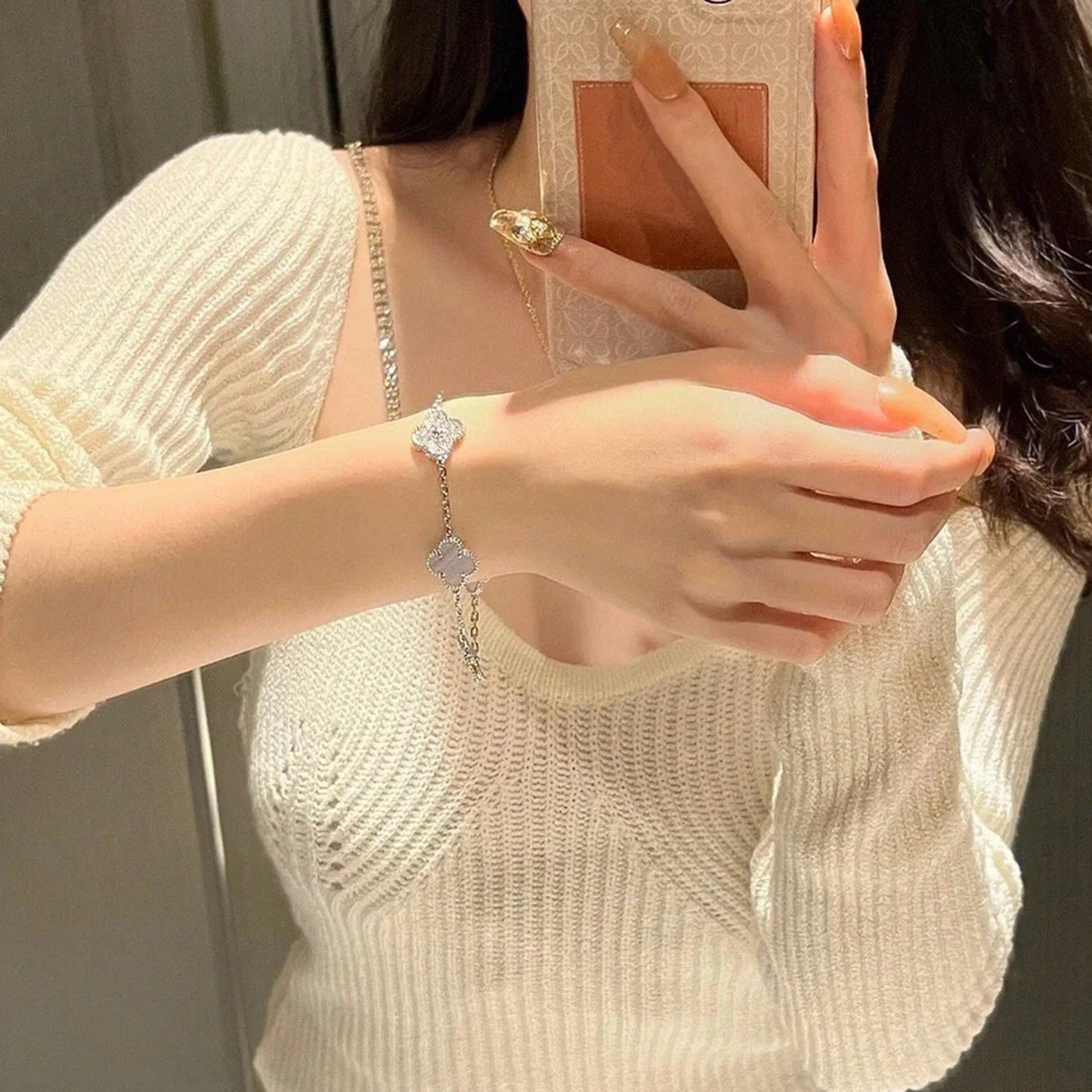 [Clover Jewelry]CLOVER 5 MOTIV DIAMOND LILA CHALCEDON ARMBAND SILBER 