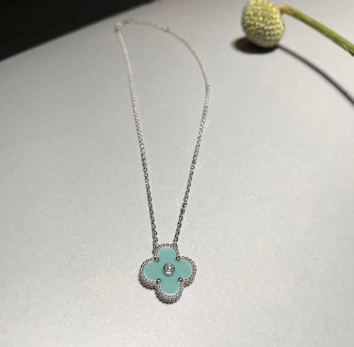 [Clover Jewelery]CLOVER 1 DIAMOND LIGHT BLUE SILVER NECKLACE