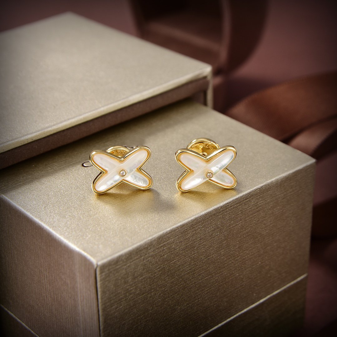 [Clover Jewelery]JEUX DE WHITE MOP GOLD DIAMOND EARRINGS