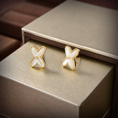 [Clover Jewelery]JEUX DE WHITE MOP GOLD DIAMOND EARRINGS