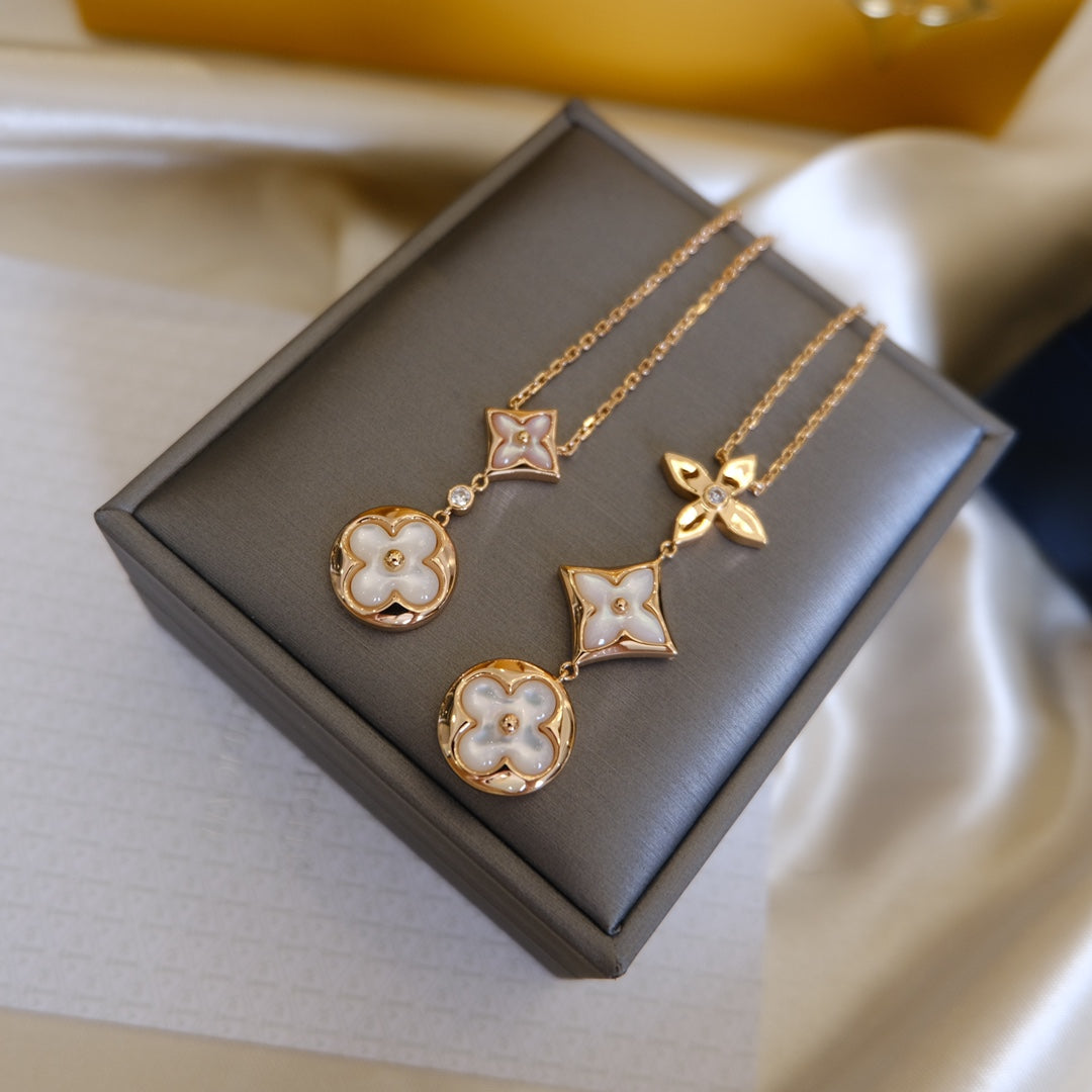 [Clover Jewelery]COLOR BLOSSOM LARIAT NECKLACE PINK GOLD WHITE MOTHER PEARL AND DIAMOND