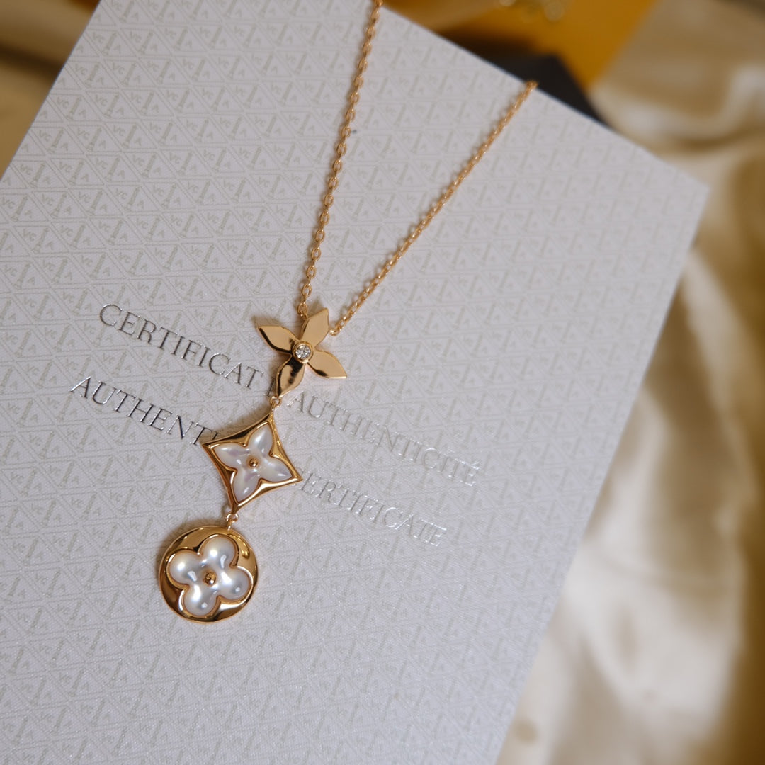 [Clover Jewelery]COLOR BLOSSOM LARIAT NECKLACE PINK GOLD WHITE MOTHER PEARL AND DIAMOND