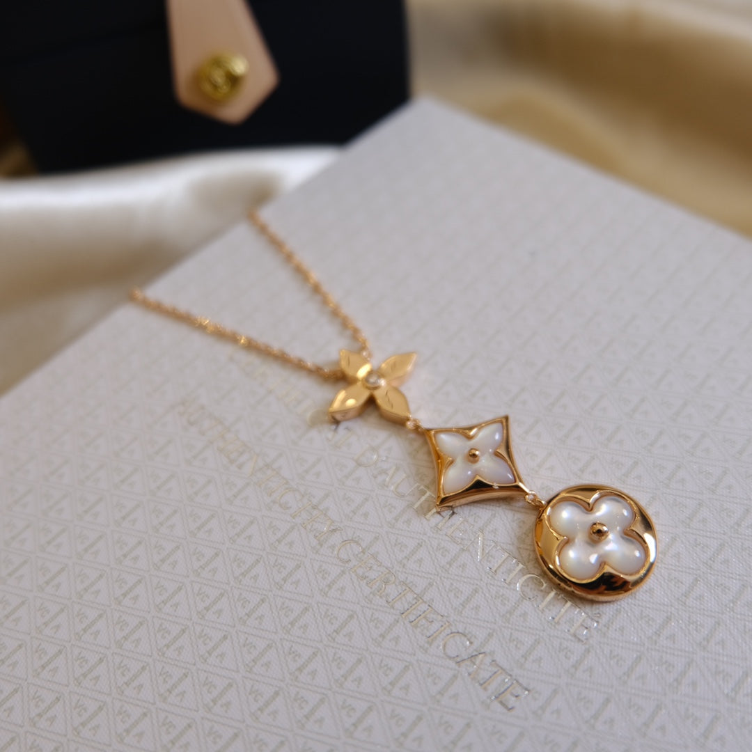 [Clover Jewelery]COLOR BLOSSOM LARIAT NECKLACE PINK GOLD WHITE MOTHER PEARL AND DIAMOND