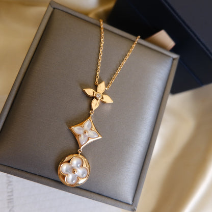 [Clover Jewelery]COLOR BLOSSOM LARIAT NECKLACE PINK GOLD WHITE MOTHER PEARL AND DIAMOND