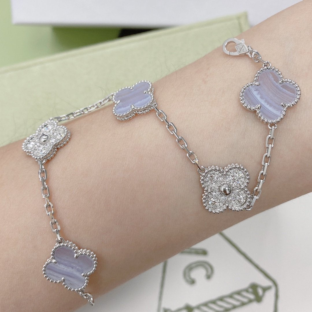 [Clover Jewelry]CLOVER 5 MOTIV DIAMOND LILA CHALCEDON ARMBAND SILBER 