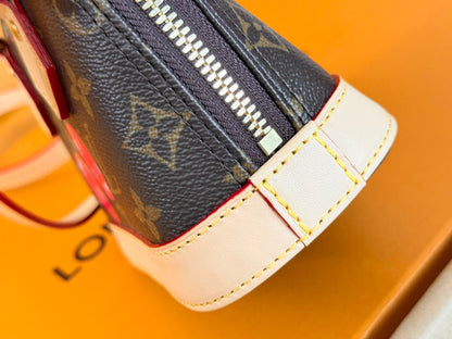 LV 25S NANO ALMA 18 IN DARK BROWN CANVAS MONOGRAM CHERRY PRINT GOLD HARDWARE