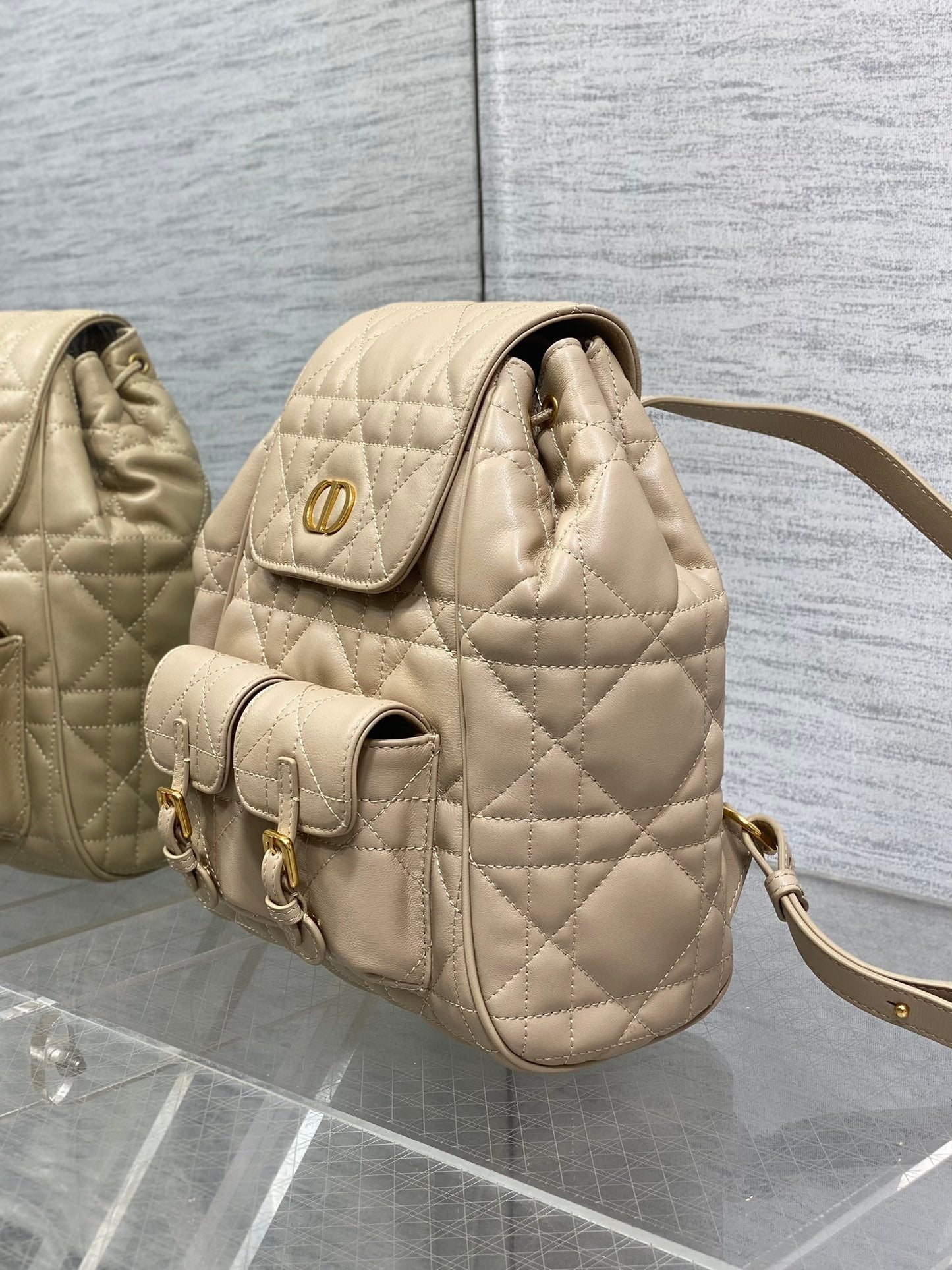 SMALL 23 CARO BACKPACK IN ALMOND BEIGE MACROCANNAGE LAMBSKIN