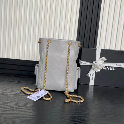 CRUISE DRAWSTRING BACKPACK 24 IN GREY LAMBSKIN GOLD-TONE METALLIC