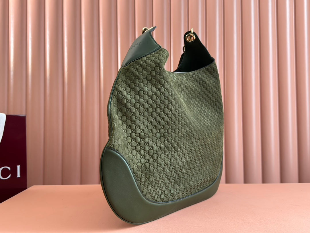 B LARGE SHOULDER BAG 49 IN ARMY GREEN GG EMBOSSED SUEDE