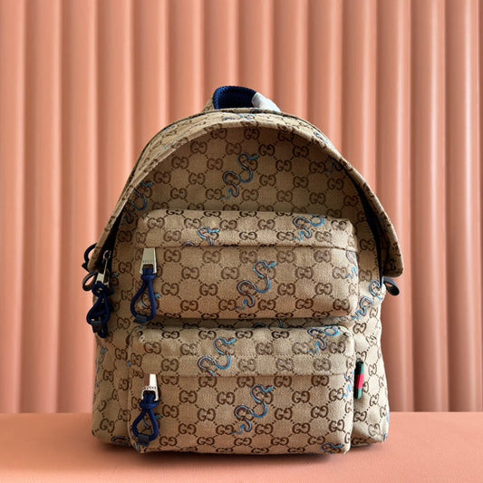 BACKPACK 40 IN BEIGE AND BROWN CANVAS BLUE SNAKE EMBROIDERY