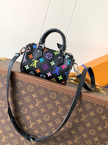 NANO SPEEDY BAG 16 IN COLORFUL MONOGRAM PATTERN AND BLACK COATED CANVAS