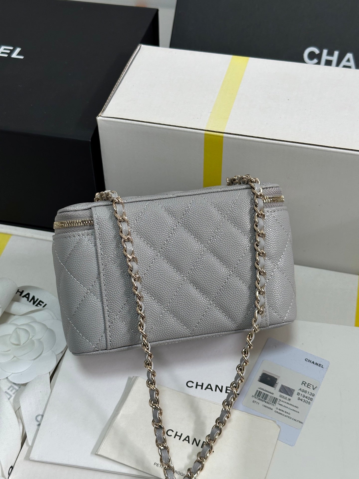 VANITY CASE 17 CRYSTAL STUDDED LOGO IN GREY CALFSKIN GOLD HARDWARE