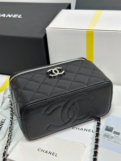 MINI VANITY TOP HANDLE CASE 17 IN BLACK CAVIAR SKIN SILVER-TONE PLATED METAL