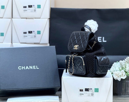 MESH DRAWSTRING BACKPACK 25 IN BLACK CALFSKIN GOLD-TONE METAL