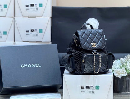 MESH DRAWSTRING BACKPACK 25 IN BLACK CALFSKIN GOLD-TONE METAL