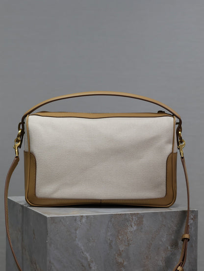 CAMERA SUPPLE BAG 28 IN WHITE CANVAS AND BROWN CALFSKIN TRIM