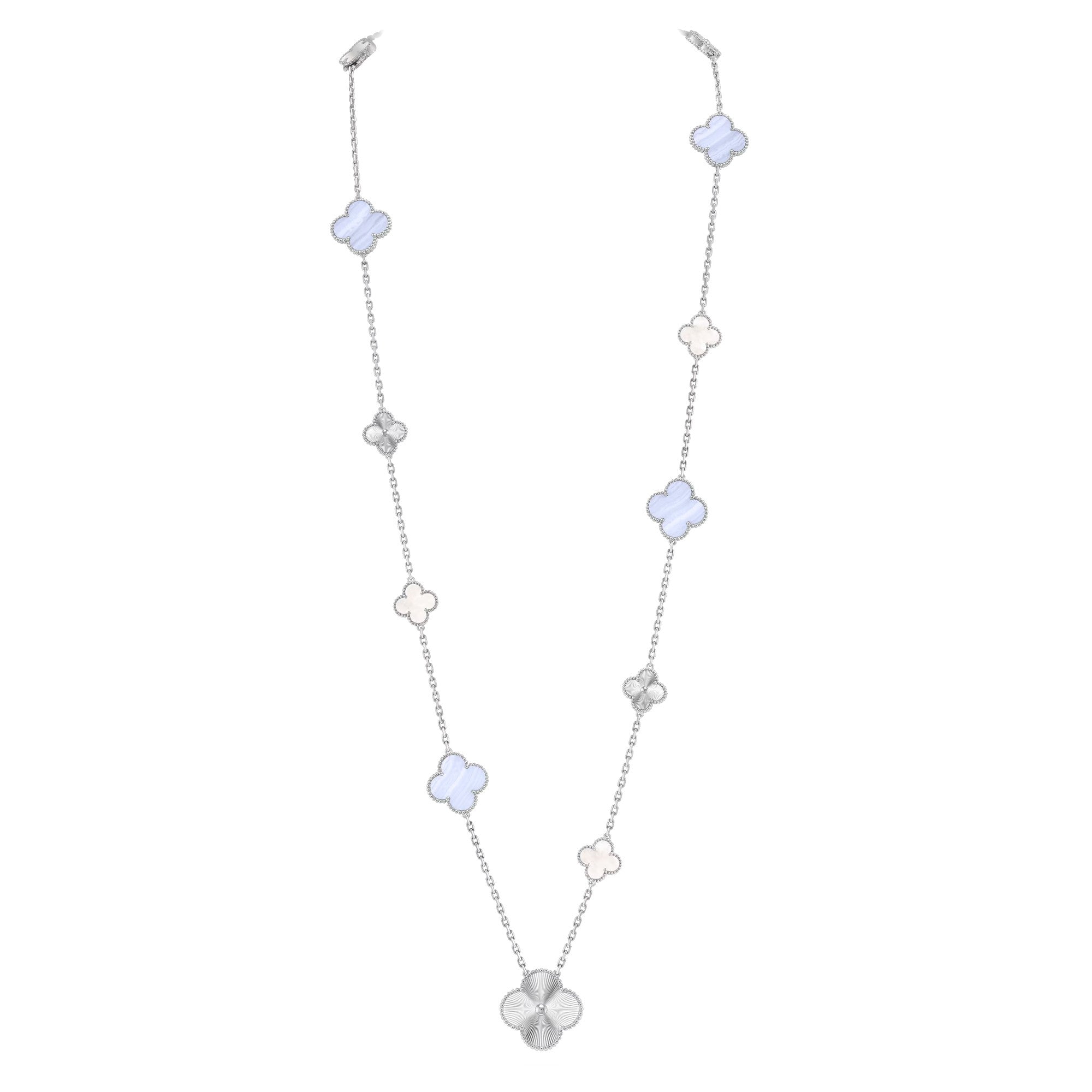 [Clover Jewelry]ABNEHMBARE KLEEBLÜTEN-HALSKE. MIT 15(11+4) BLUMEN-ANHÄNGERN, SILBER