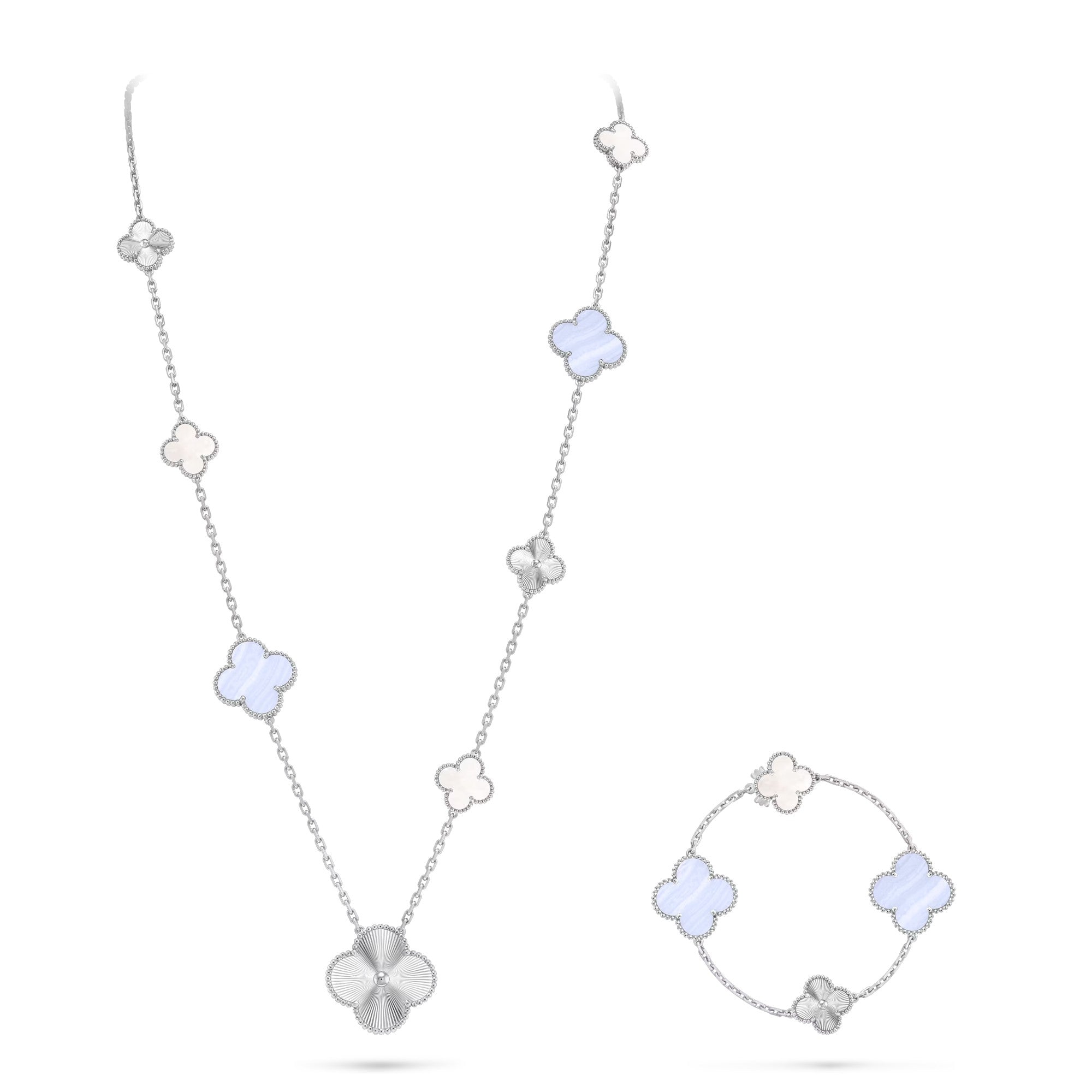 [Clover Jewelry]ABNEHMBARE KLEEBLÜTEN-HALSKE. MIT 15(11+4) BLUMEN-ANHÄNGERN, SILBER
