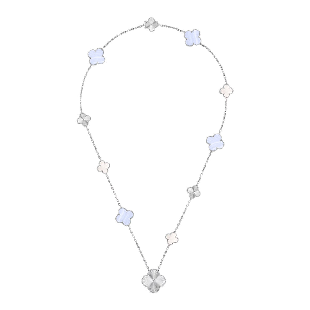 [Clover Jewelry]ABNEHMBARE KLEEBLÜTEN-HALSKE. MIT 15(11+4) BLUMEN-ANHÄNGERN, SILBER