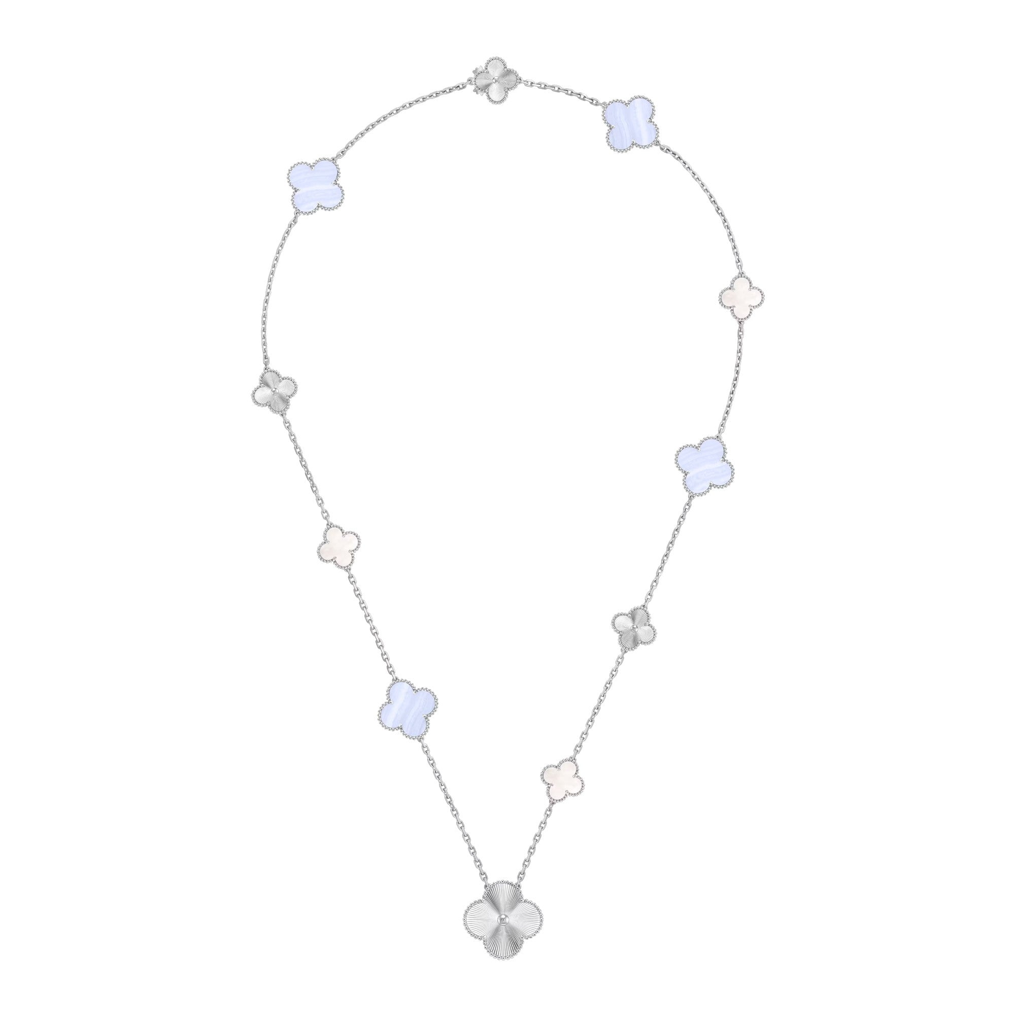[Clover Jewelry]ABNEHMBARE KLEEBLÜTEN-HALSKE. MIT 15(11+4) BLUMEN-ANHÄNGERN, SILBER