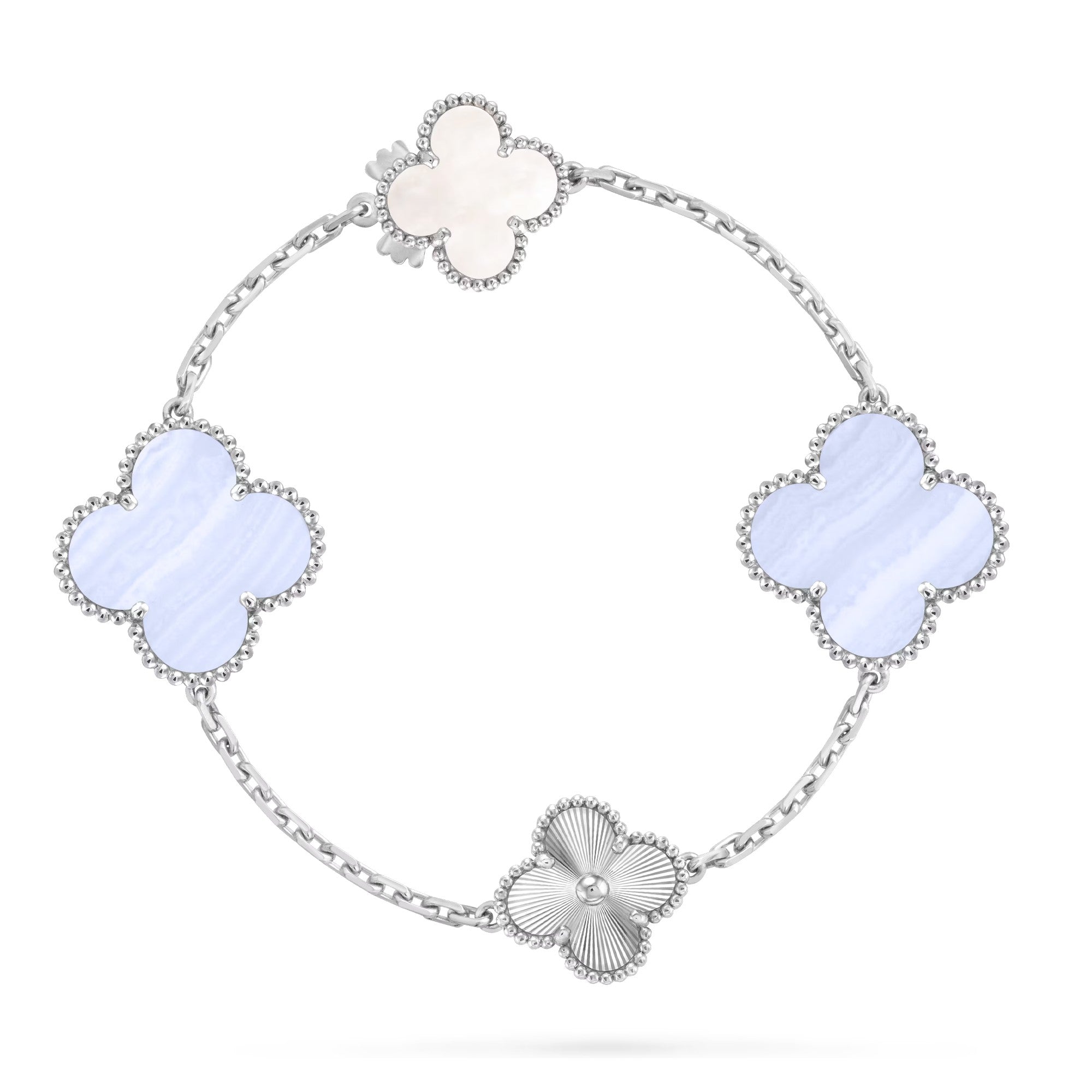 [Clover Jewelry]ABNEHMBARE KLEEBLÜTEN-HALSKE. MIT 15(11+4) BLUMEN-ANHÄNGERN, SILBER